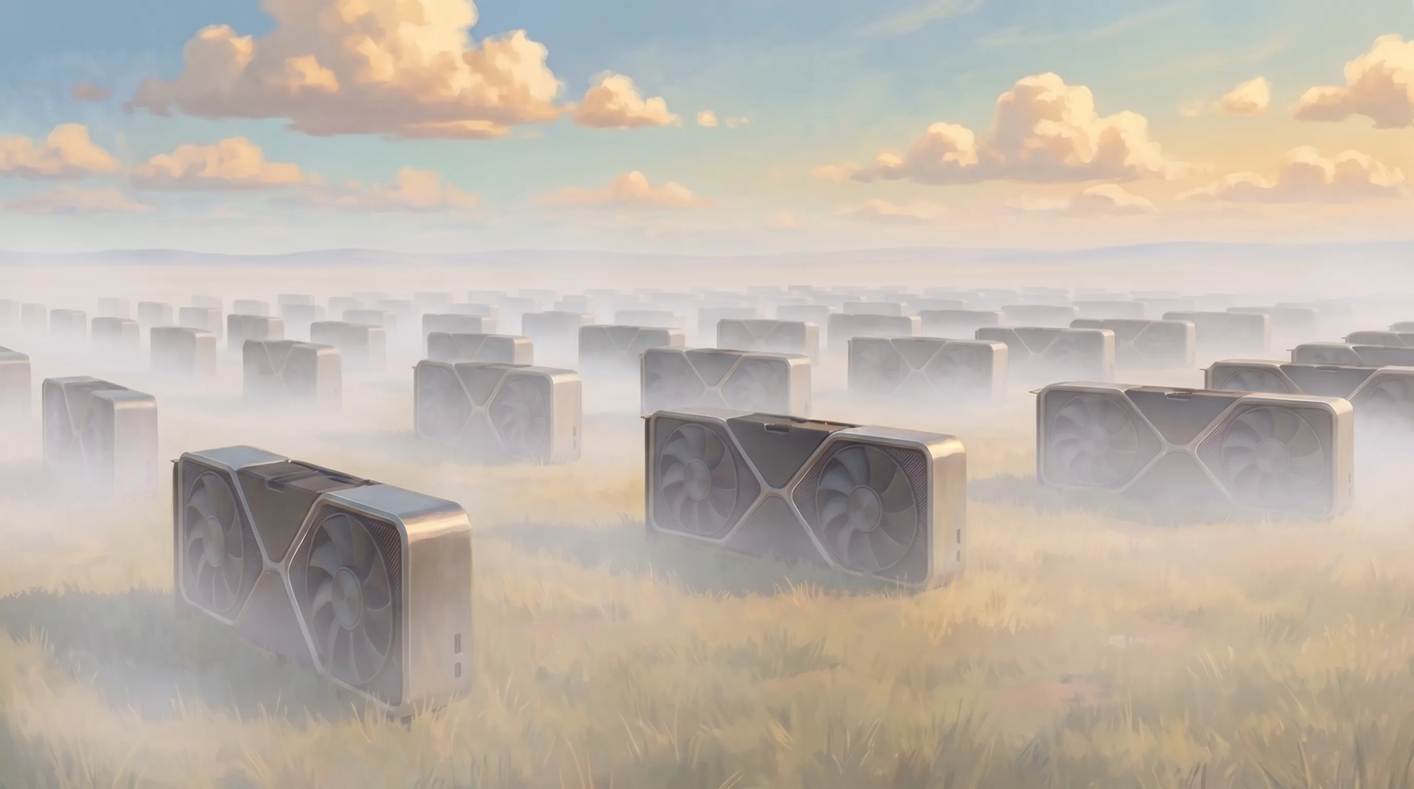 A grassland planted with rows of identical RTX cards, all veiled in thick white fog.