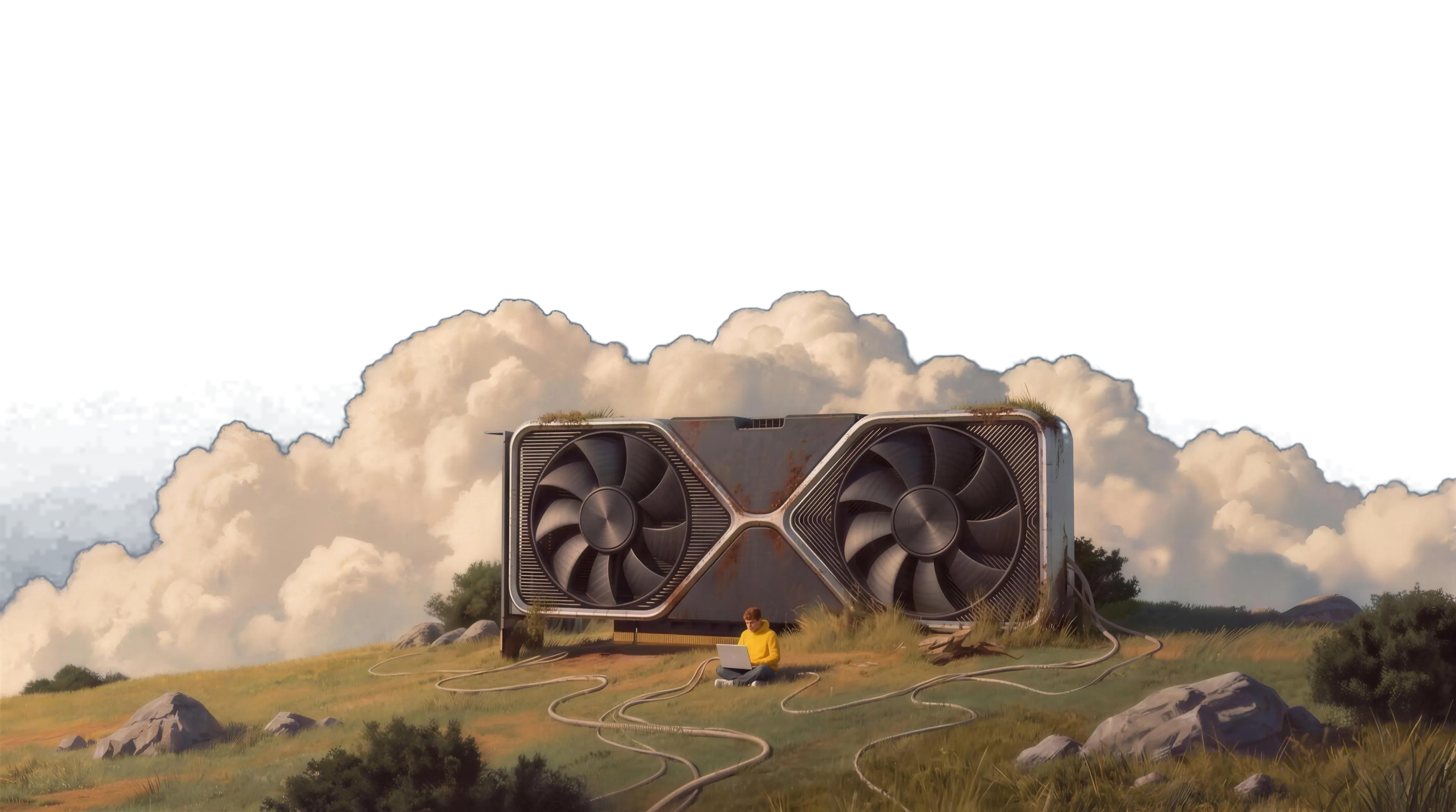 A giant RTX graphics card with two fans standing on a grassy hill under a low bank of cumulus clouds, cables running to a person in a yellow hoodie working on a laptop.