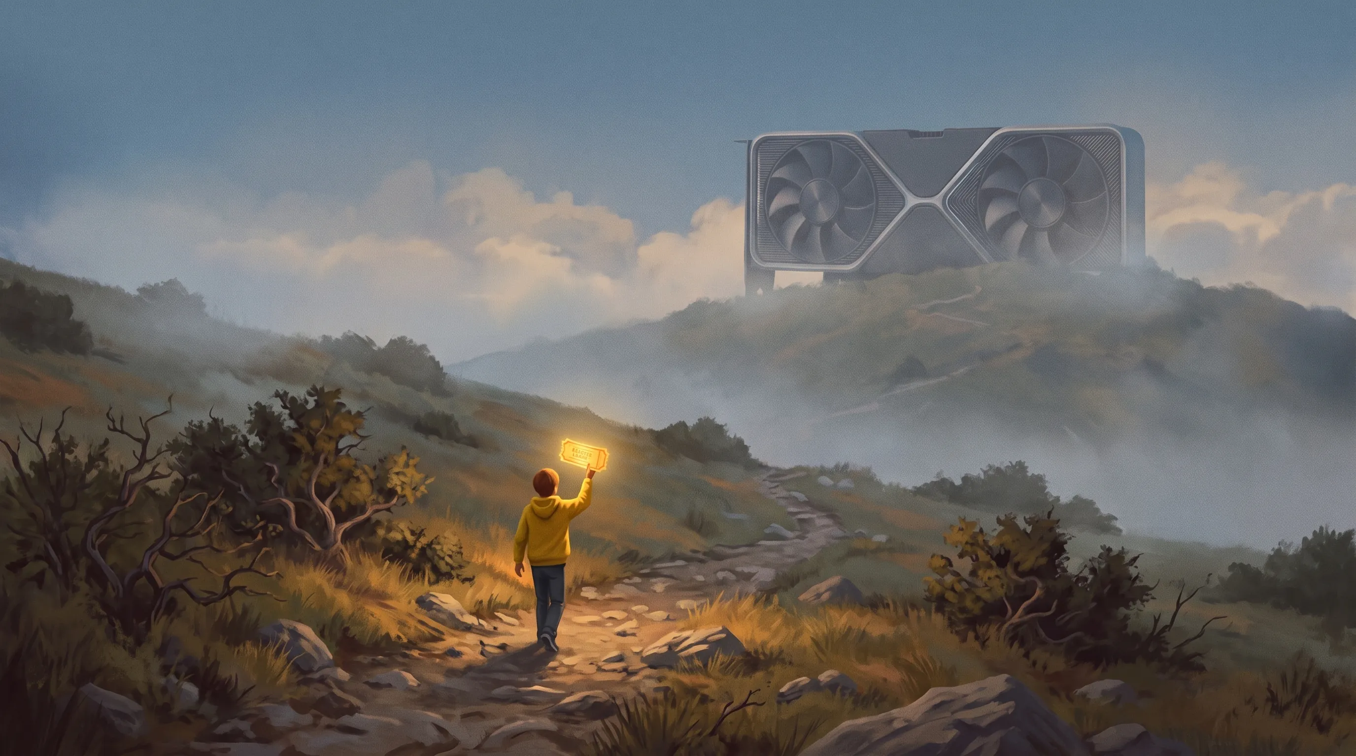 A person in a yellow hoodie walking up a misty path holding a glowing ticket, a giant card on the hilltop.